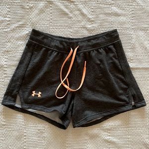 grey under armor, peach draw string shorts, size xs